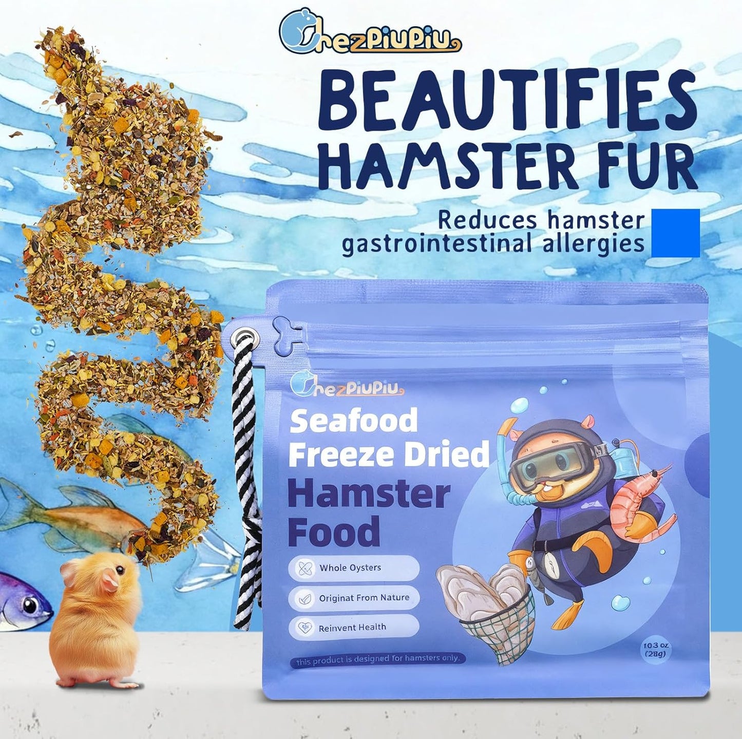 Premium Hamster Food 10.23oz – Natural High-Protein Complete Diet with Freeze-Dried Cod, Antarctic Krill & Black Soldier Fly Larvae – Supports Digestion, Dental Care & Immune Health – Travel Bag