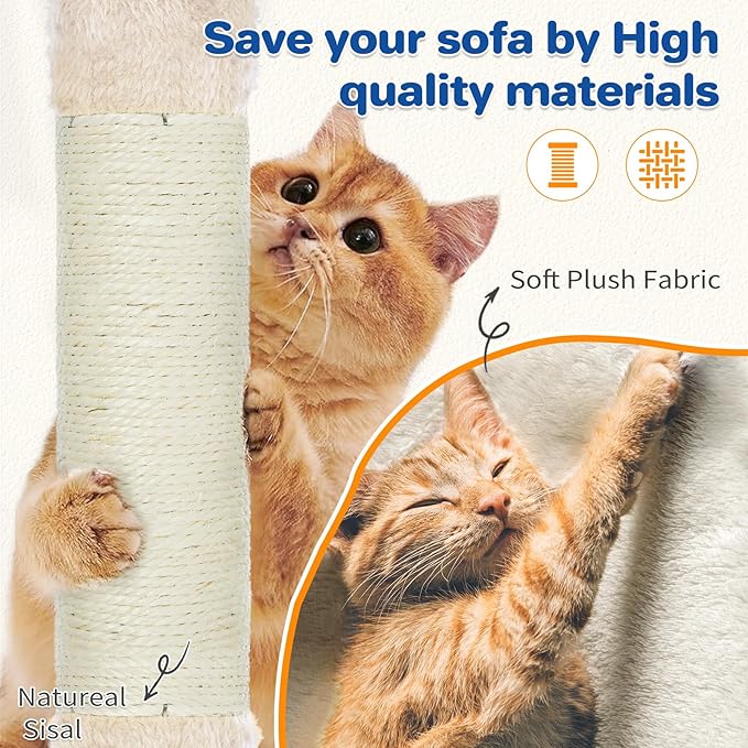 Cat Tree Tower 63in Multi-Level Cat Tower for Indoor Cats with Sisal Scratching Posts, Condo, Hammock, Dangling Ball and Extended Platform for Cats to Play, Beige