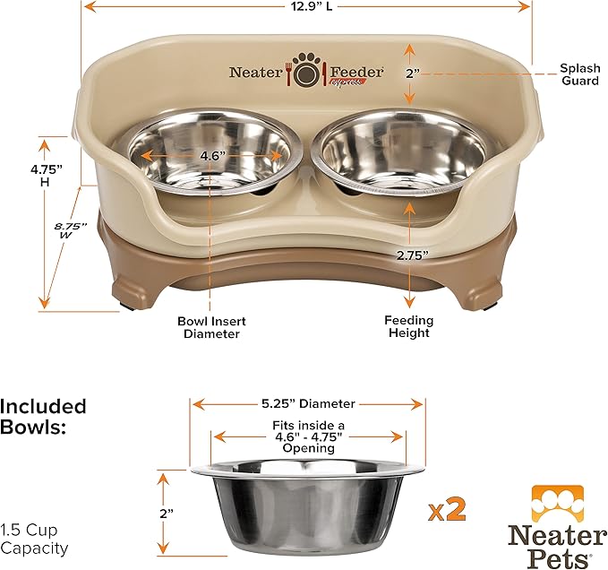 Neater Feeder Express Mess Proof Dog Bowls Elevated for Small Breeds under 15 Lb, Made in USA, No Spill Raised Dog Food Bowl Stand, Stainless Steel Food and Water Bowl Set, Feeding Station, Cappuccino