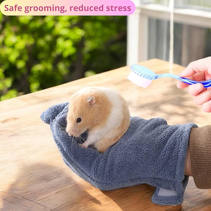 Hamster Calming Bite Proof Glove and Grooming Brush set, Brush for Hamster Cage, Hamsters Gloves, Calming Glove and Brush for Ferret Hedgehog Chinchilla Guinea Pig, Hamsters Care Kit (Dark Blue)