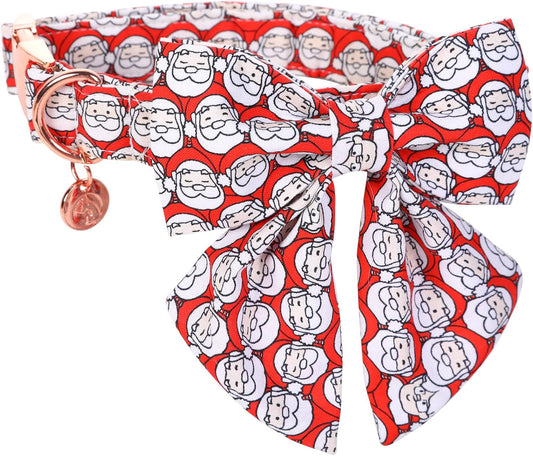 DOGWONG Cotton Dog Collar with Bowtie, Stylish Christmas Red Plaid Dog Collar Adjustable Puppy Necklace for Small and Medium Dogs