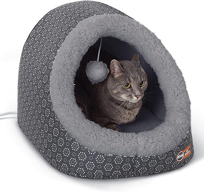 K&H Pet Products Thermo-Pet Cave Heated Cat Bed for Large Cats, Indoor Heated Pet Bed for Dogs & Cats, Covered Cave Pet Tent, Collapsible, Machine Washable, Safety Listed - 17 X 15 X 13in Gray