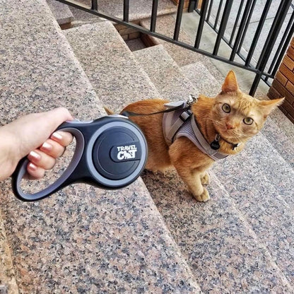 Travel Cat Retractable Expandable Leash - Black 10 Ft Long Strong Tape, Release/Lock Button and Anti-Slip Handle for Small to Large Cats - Light Pet Leash for Walking, Training