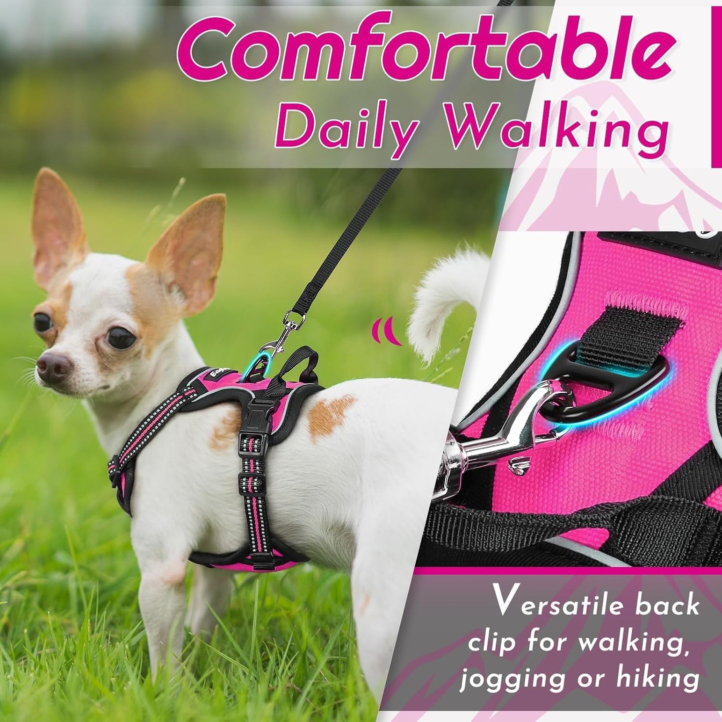 Eagloo Small Dog Harness No Pull, Service Vest with Reflective Strips and Control Handle, Adjustable and Comfortable for Easy Walking, No Choke Pet Harness with 2 Metal Rings, Rose Red, XS