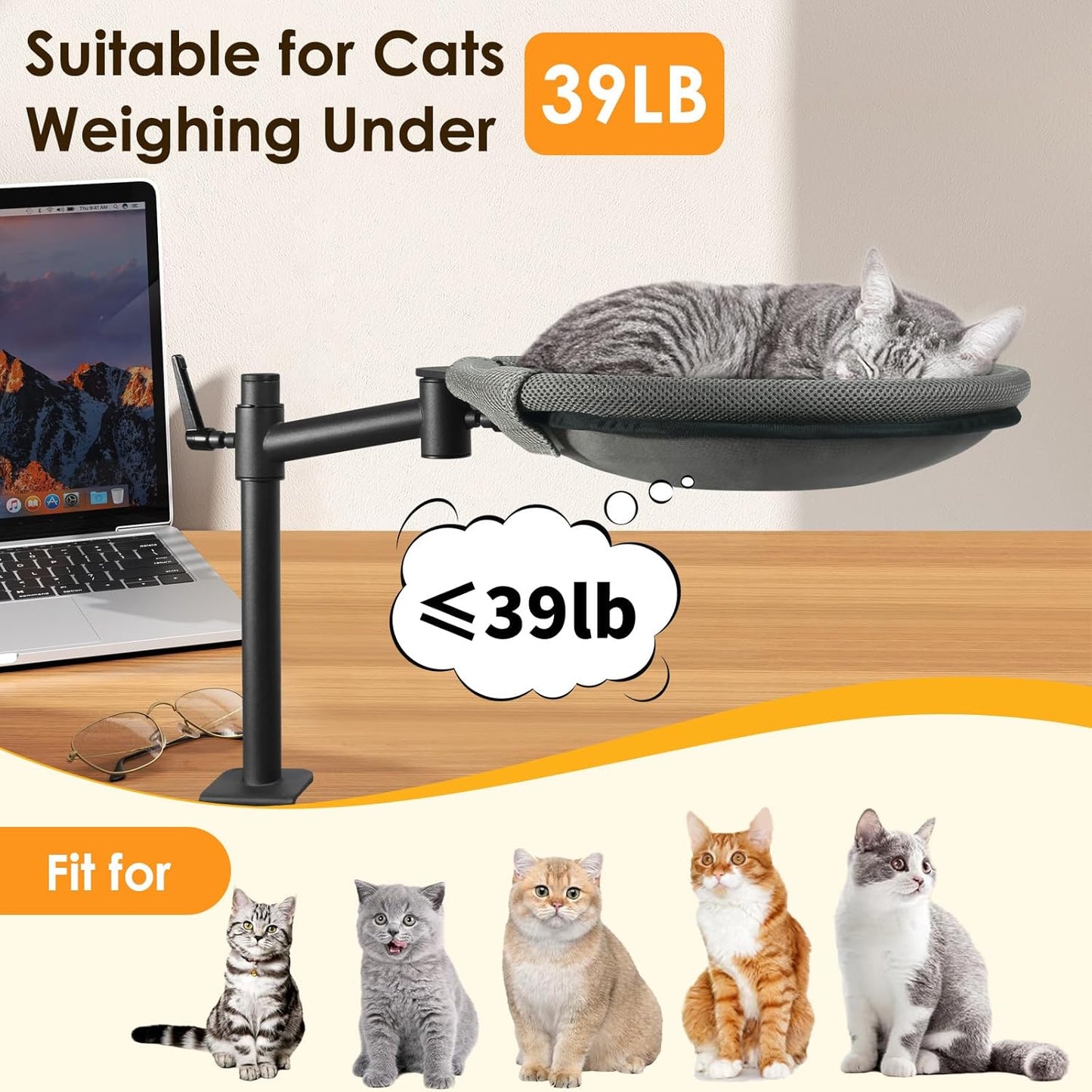 Cat Desk Bed, 360° Rotating & Height Adjustable Cat Desk Perch, Elevated Breathable Cats Nest Perch with Removable Washable Cover for Indoor Kitten Cats-Maximum Hold Up to 40lb