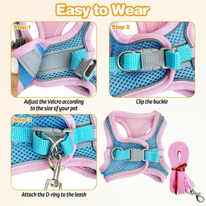 PINVNBY 2 Pack Bunny Hsrness and Leash Set Adjustable Rabbit Harness with Reflective Strips Double Buckle Pet Vest Eescape Proof for Small Rabbit Kitten Puppy Walks Accessories (Pink Blue, M)
