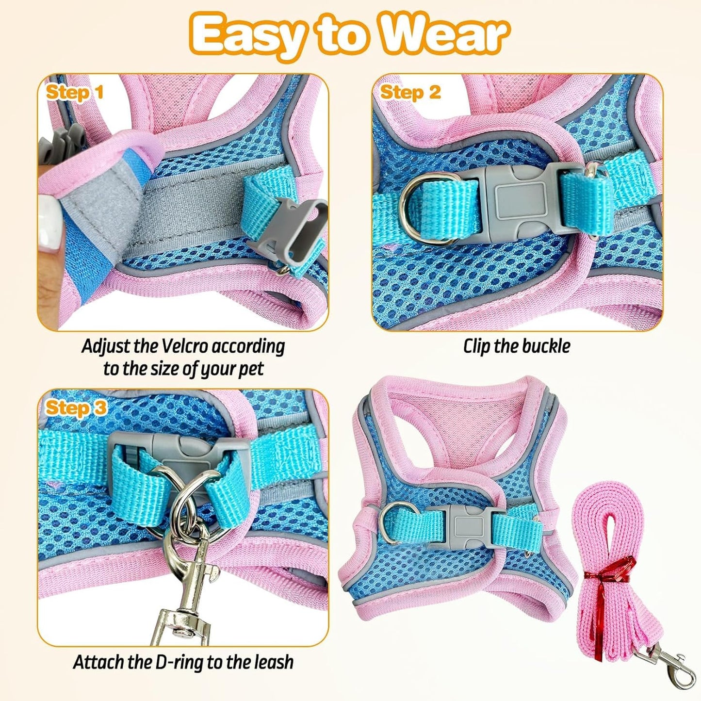 PINVNBY 2 Pack Bunny Hsrness and Leash Set Adjustable Rabbit Harness with Reflective Strips Double Buckle Pet Vest Eescape Proof for Small Rabbit Kitten Puppy Walks Accessories (Pink Blue, S)
