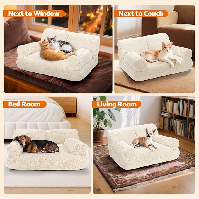 Gimars Upgrade Large Cat Bed for Indoor Cats -Added 10% More Stuff Sponge, Orthopedic Pet Couch Beds with Bolstered Edges, Fluffy Washable & Removable Cover, Anti Slip Base, White