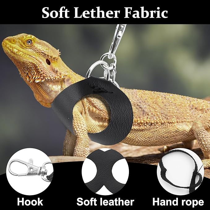 Bearded Dragon Harness and Leash Set, 3-Size Adjustable Soft Leather Reptile Leash for Training & Walking, Lizard Harness with Traction Rope, Walking Vest for Small Animal Outdoor, Black