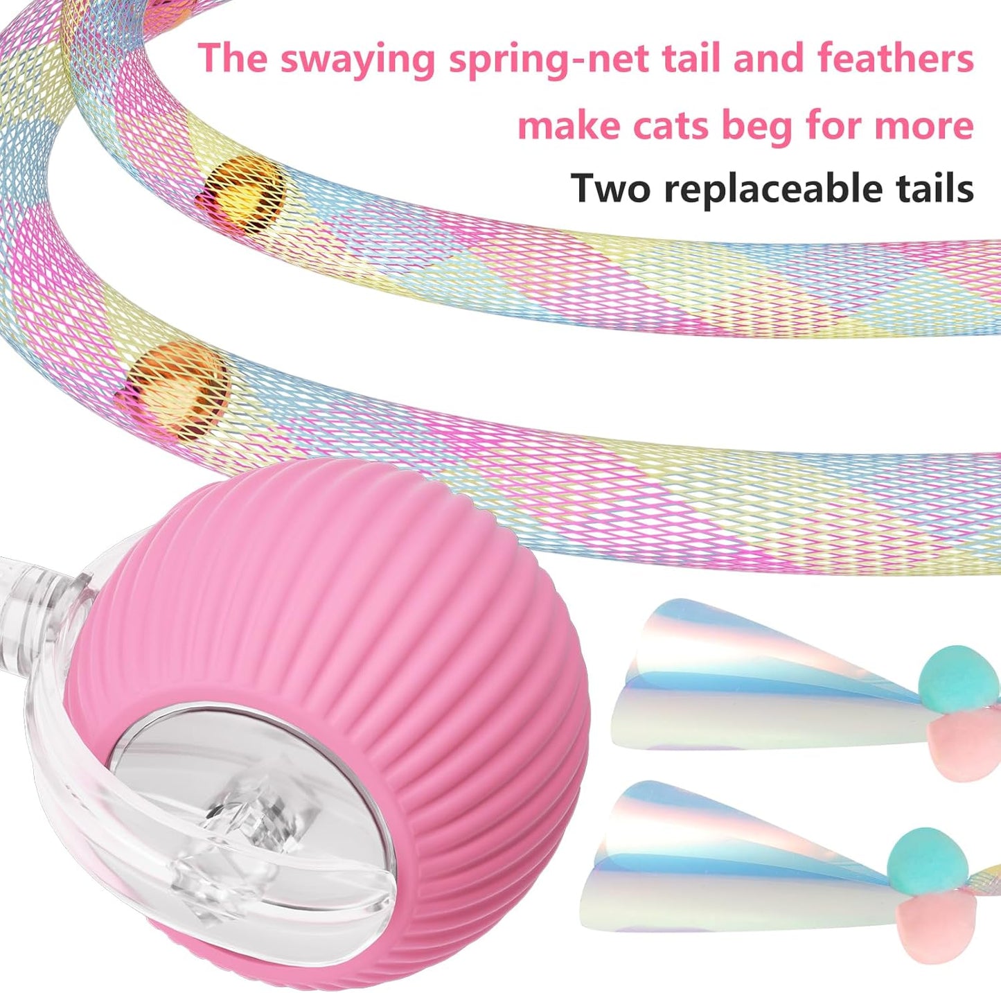 Interactive Cat Toys for Indoor Cats, Interactive Cat Ball Toy with Elastic Mesh Tail, Automatic Cat/Kitten Toys with Chirping & Motion Activate, Cat Toys for Bored Indoor (Pink)