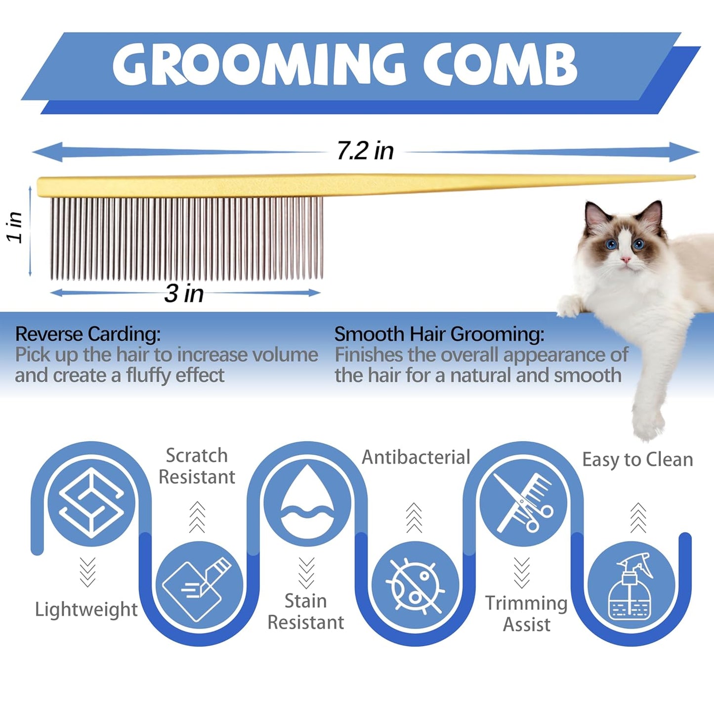 Grooming Pet Comb Rat Tail Dematting Cat and Dog Comb，Rounded Ends Design for Safe Tangle Removal, Hairstyling, Massage，Loose Hair Removal，Prevent Irritation，Fluffing Paws,Face,Tail,Remove Tear Stain