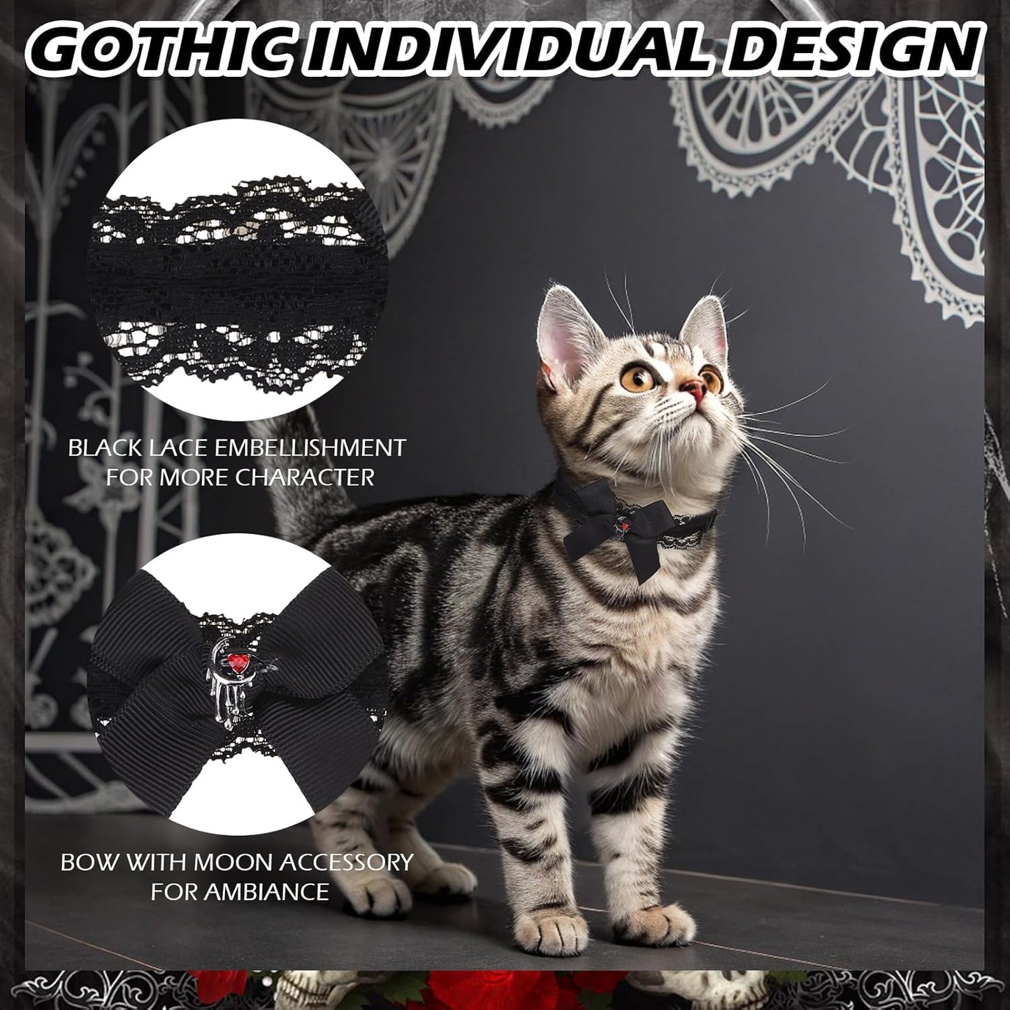 EXPAWLORER Halloween Cat Collar,Adjustable Soft Velvet Cat Collar Breakaway with Flower Accessory and Bell,Safety Quick Release Gothic Style Pet Collar for Cat,Kitten,Small Dog