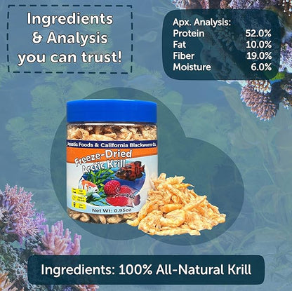 Aquatic Foods Inc. Arctic Krill, Freeze Dried Krill, High in Natural Color Enhancing for Large Cichlids, Tropical Fish, Koi, Turtles, 12-Type Pellet Mix & 4-Type Wafer Mix Included 1.9oz Canister