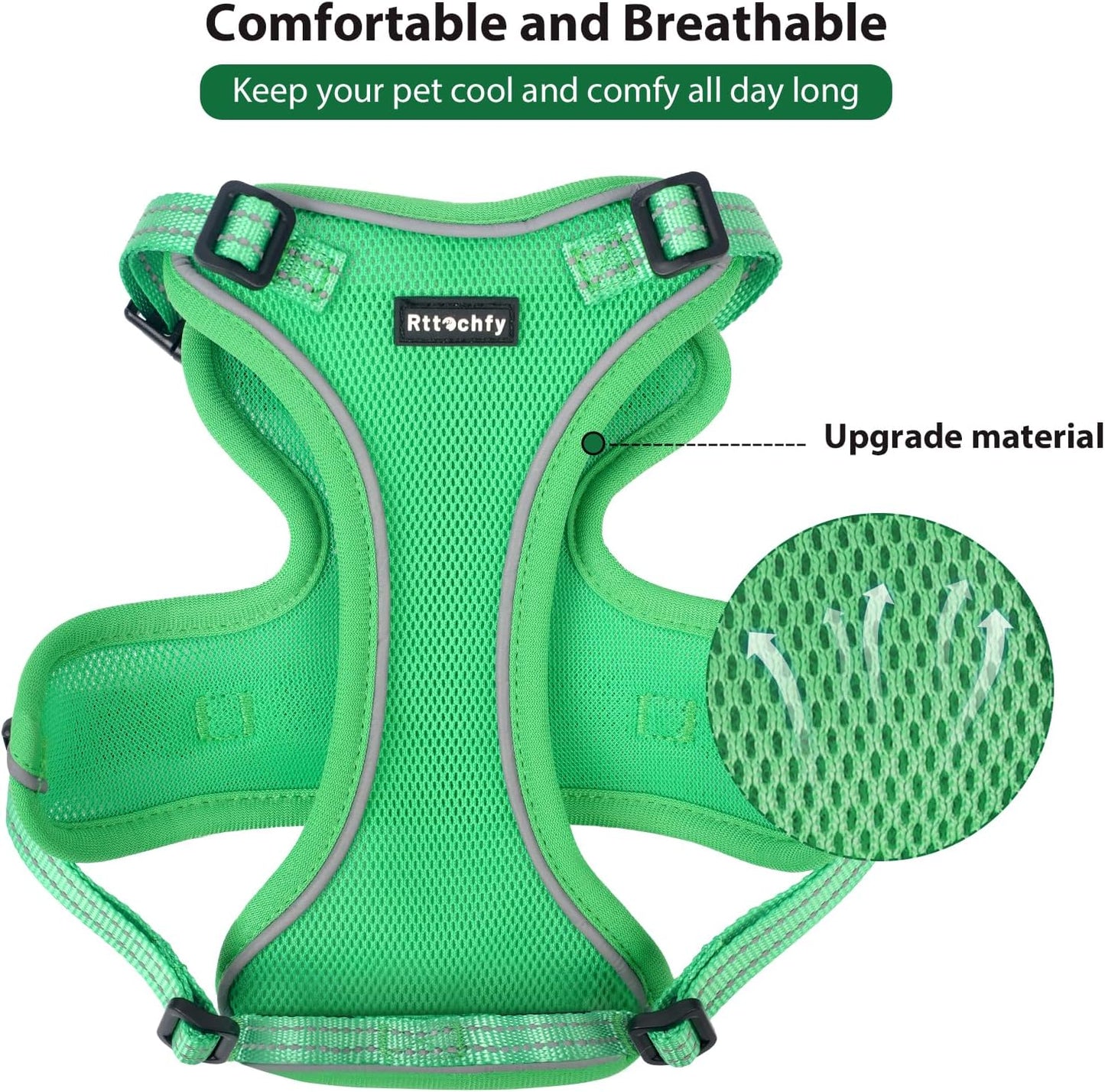 Rttochfy Cat Harness and Leash Set, Adjustable and Reflective Cat Vest, Escape Proof Kitten Harness, Easy to Put on with 3 Buckles for Cats Walking and Traveling (Green, L)