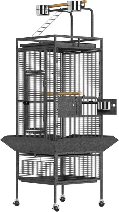 61-Inch Large Parrot Bird Cages with Rooftop Playground, Rolling Caster Wheels, Wrought Iron Birdcage for Small Medium Parrots, Macaws, Cockatoos – Indoor/Outdoor Use for Homes, Aviaries