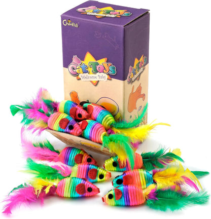 CHIWAVA 24PCS 5" Rattle Cat Toys Mice with Feathers Rainbow Rope Mouse Kitten Interactive Toy Assorted Color
