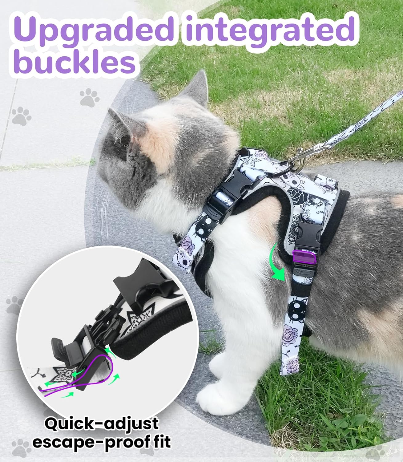 Halypet Cat Harness and Leash Set for Walking, Escape Proof Adjustable Vest Harness with 3-in-1 Integrated Buckles, Easy Control Soft Breathable Mesh with Reflective Strips for Cats, S, Moonlight Meow