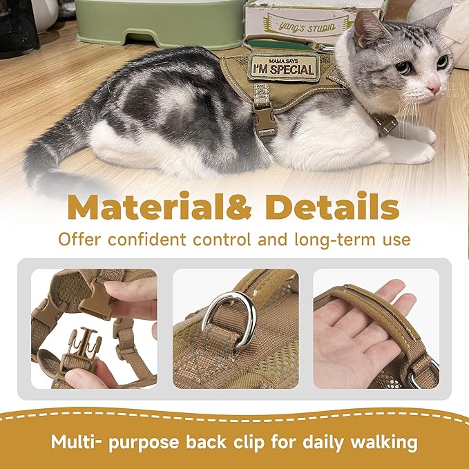Tactical Cat Harness Adjustable Soft Padded Training Walking Esacpe Cat Vest Harness No-Pull Pet Harness Reflective with Easy Control Handle (Khaki, XL)