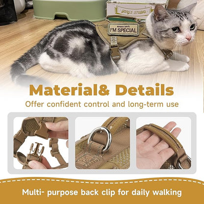 Tactical Cat Harness Adjustable Soft Padded Training Walking Esacpe Cat Vest Harness No-Pull Pet Harness Reflective with Easy Control Handle (Khaki, Leash-L)