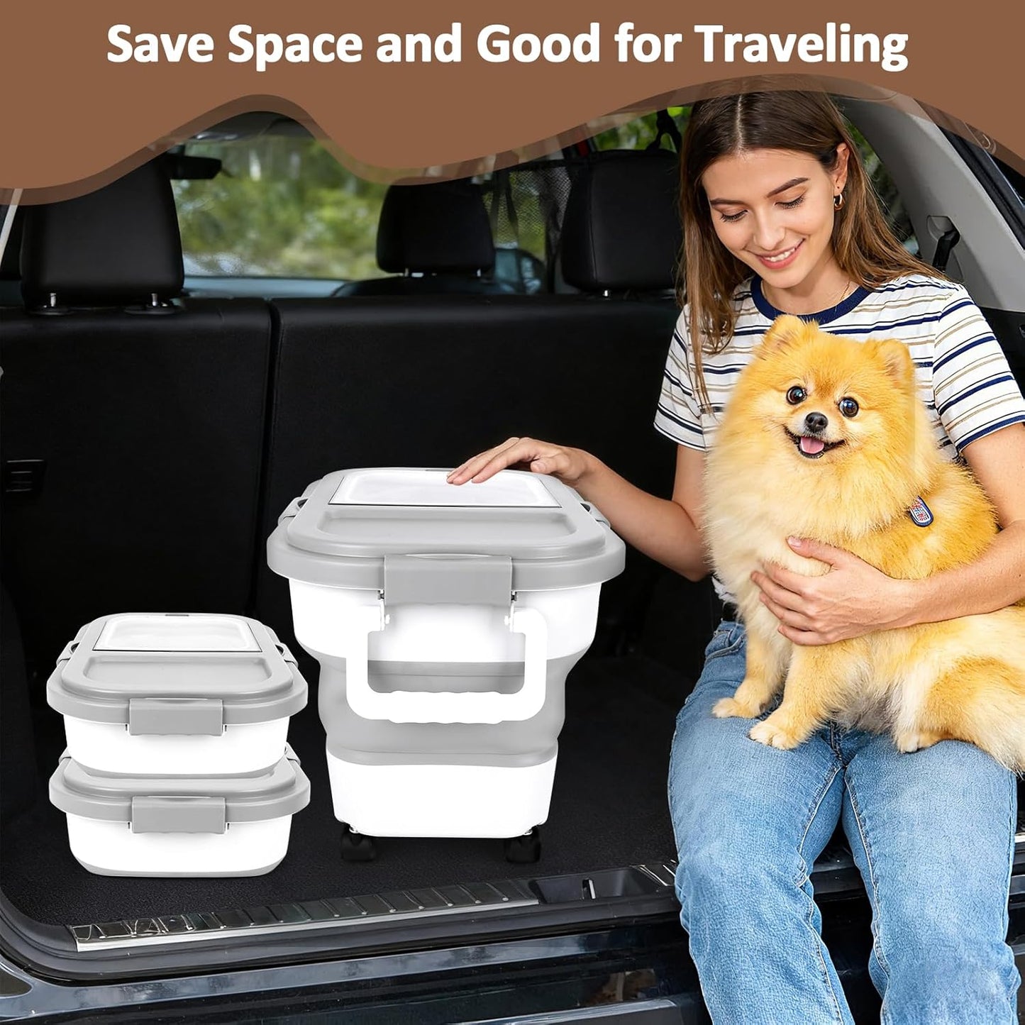 ShineMe 20Lbs Collapsible Pet Food Storage Container with Airtight Lid, Dog Food Storage Container with Measuring Scoop and Cup, Wheels & Handle for Easy Moving, Keep Dry Food Fresh (Grey)
