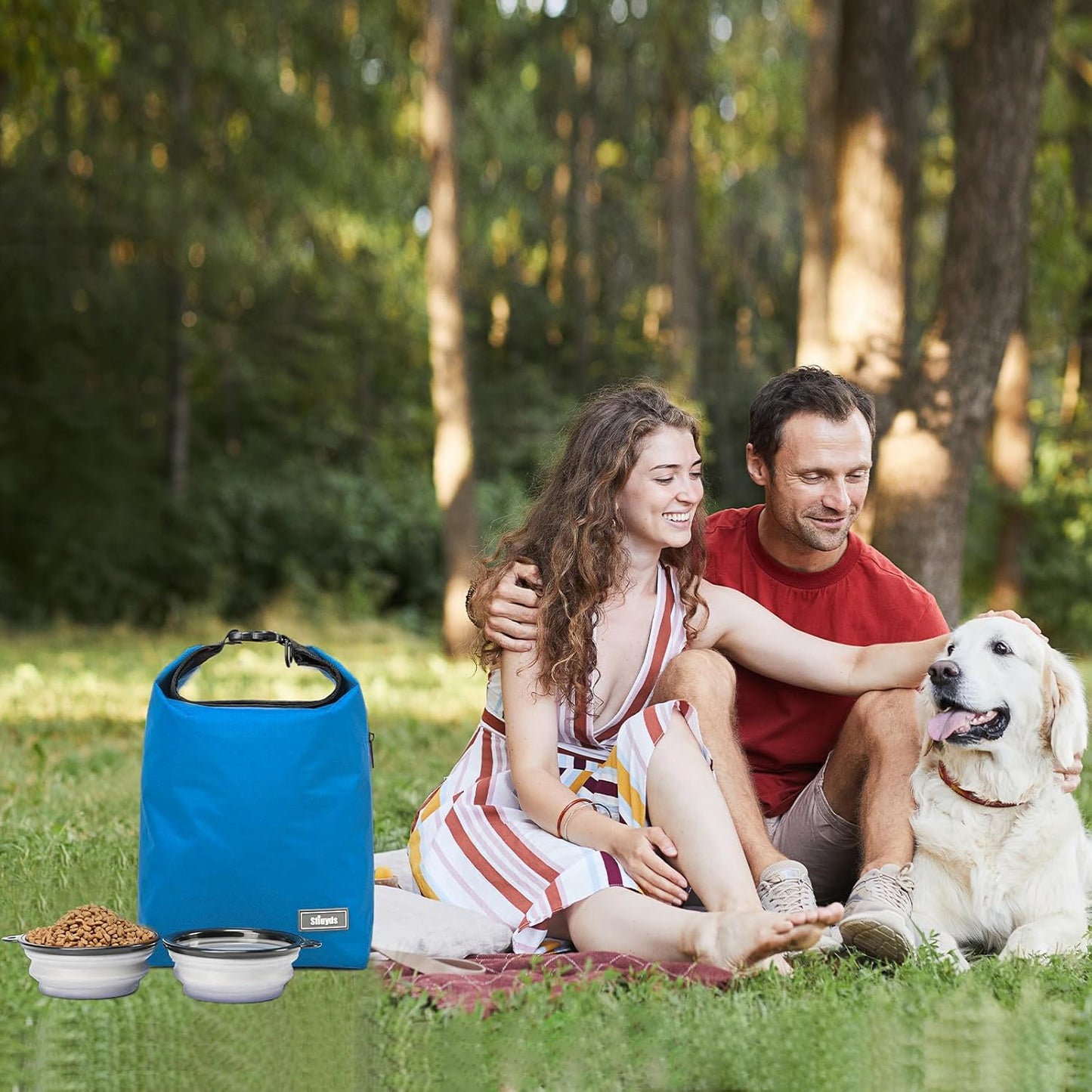Pet Food Storage Bag,Dog Storage Organizer Bag w/2PCS Collapsible Dog Travel Bowls and Zipper Side(Blue, Small)