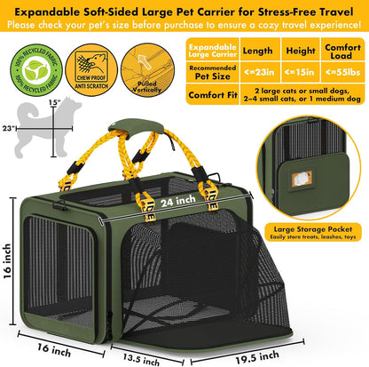 PAWZIDEA Large Pet Carrier Expandable, 24"×16"×16" Soft-Sided Cat Carrier for 2–4 Cats up 55lb, Portable & Collapsible Small Medium Dog Travel Crate for Car, XL Storage Pocket, ID Card, Shoulder Strap