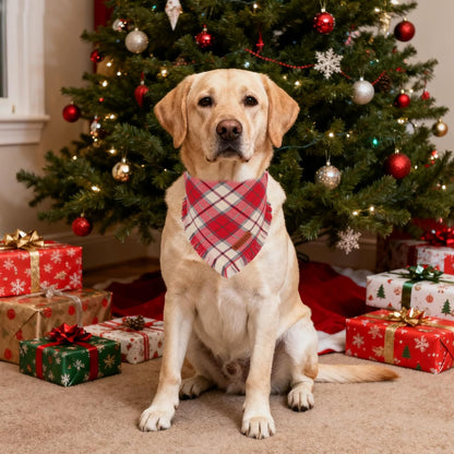 ADOGGYGO Christmas Dog Bandanas with Tassels, Stylish Plaid Xmas Pet Scarf Bib, Soft Cotton Fabric, Red Plaid Christmas Bandanas for Extra Large Dogs (X-Large)