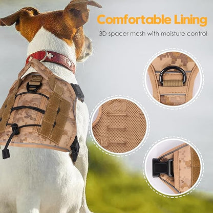 Heavy-Duty Tactical Dog Harness for Large Dogs, No Pull Adjustable Reflective Pet Vest with Molle System, K9 Military-Grade Control for Service Training, Outdoor & 10+ Breeds, Khaki Camo, Small