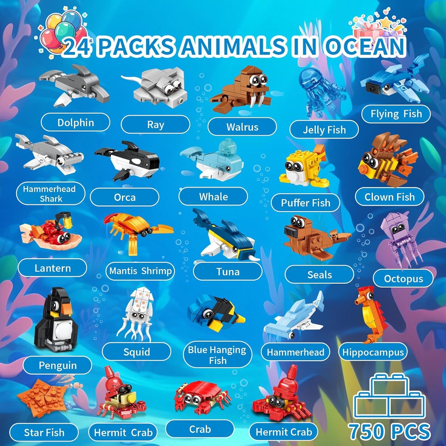Party Favors for Kids - 24 Pack Ocean Animals Building Block Toy Goodie Bags Fillers Classroom Prizes Stuffers Gifts Building Set, Christmas Birthday Gift for Boys Girls Ages 6-12