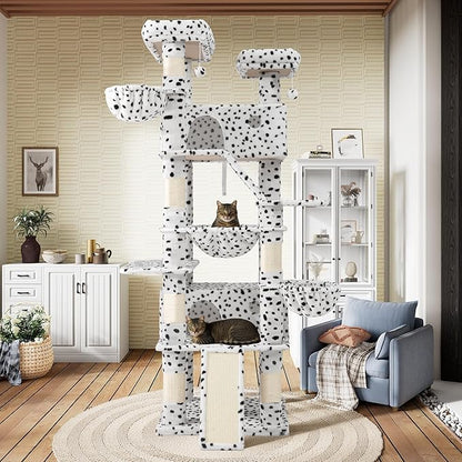 SHA CERLIN 81in Multi-Level Tall Cat Tree Tower for Indoor Kitties/Larger Cat Condo Furniture with Hammock/Cozy Pussycat Perches/Sisal Scratching Posts/Pet House/Wide Base/White & Black Spot