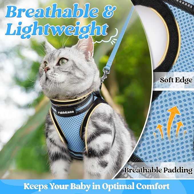 rabbitgoo Cat Harness and Leash Set for Walking Escape Proof, Adjustable Soft Kittens Vest with Reflective Strip for Cats, Comfortable Outdoor Vest, Light Blue, L