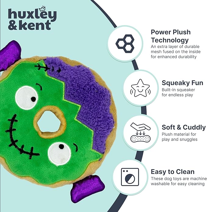 Huxley & Kent Halloween Funny Dog Toy w/Squeaker – Power Plush Squeaky Dog Toys for Small, Medium & Large Dogs – Soft Stuffed Animal for Indoor Play & Fetch - Frankenstein Donut, One Size