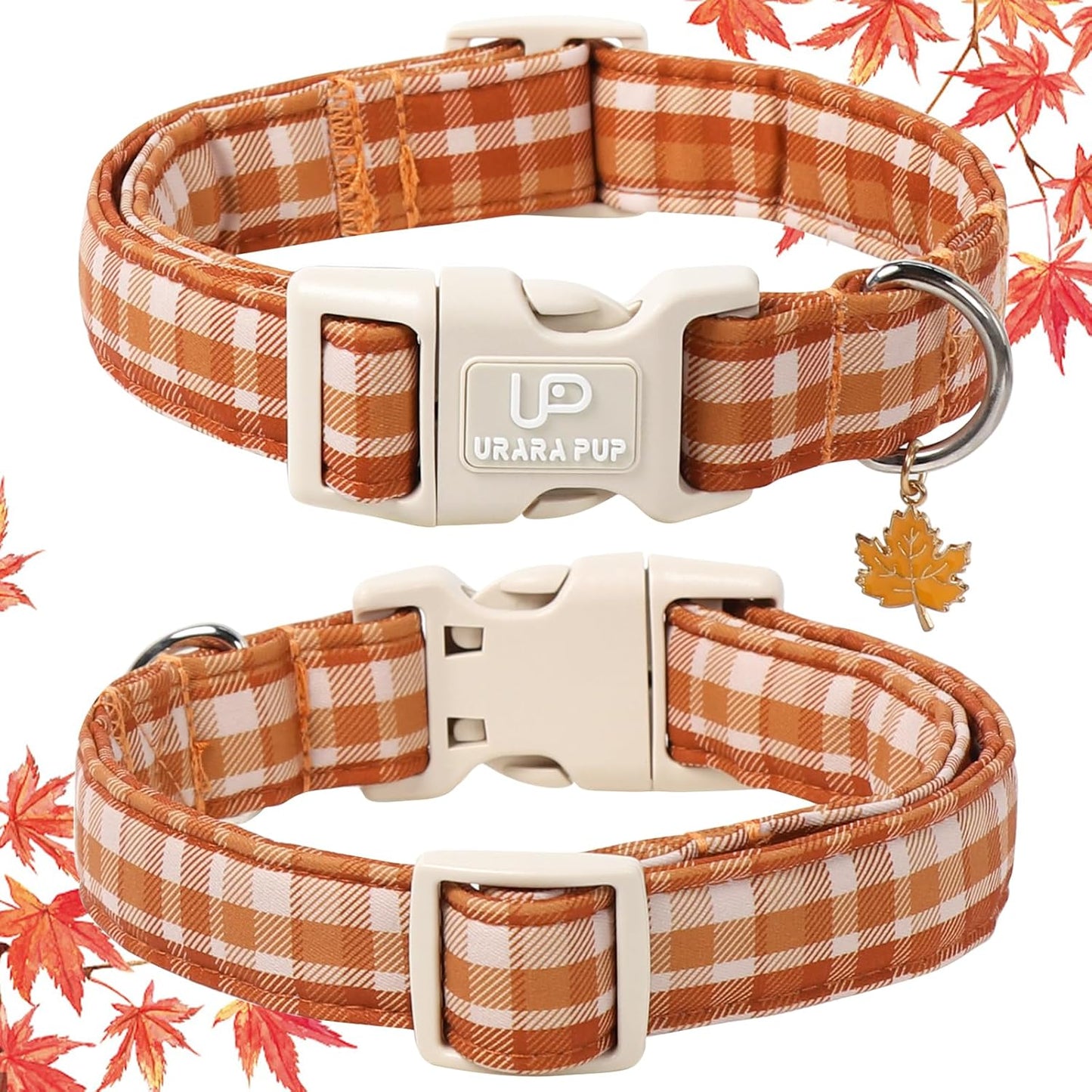 Fall Plaid Dog Collar with Maple Leaf Charm – Adjustable Autumn Checkered Dog Collar for Small Medium Large Dogs, Soft Cotton Puppy Collars with Quick Release Buckle and Metal D-Ring