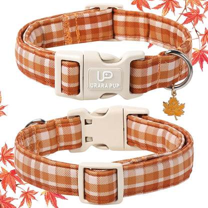Fall Plaid Dog Collar with Maple Leaf Charm – Adjustable Autumn Checkered Dog Collar for Small Medium Large Dogs, Soft Cotton Puppy Collars with Quick Release Buckle and Metal D-Ring