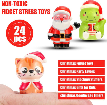 24PCS Christmas Squishy for Party Favors Gifts, Stress Relief Toys for Goodie Bags Pinata Fillers, Stocking Stuffer for Kids, Treasure Box Carnival for Prizes Rewards, Fidget Squeeze Advent Calendar