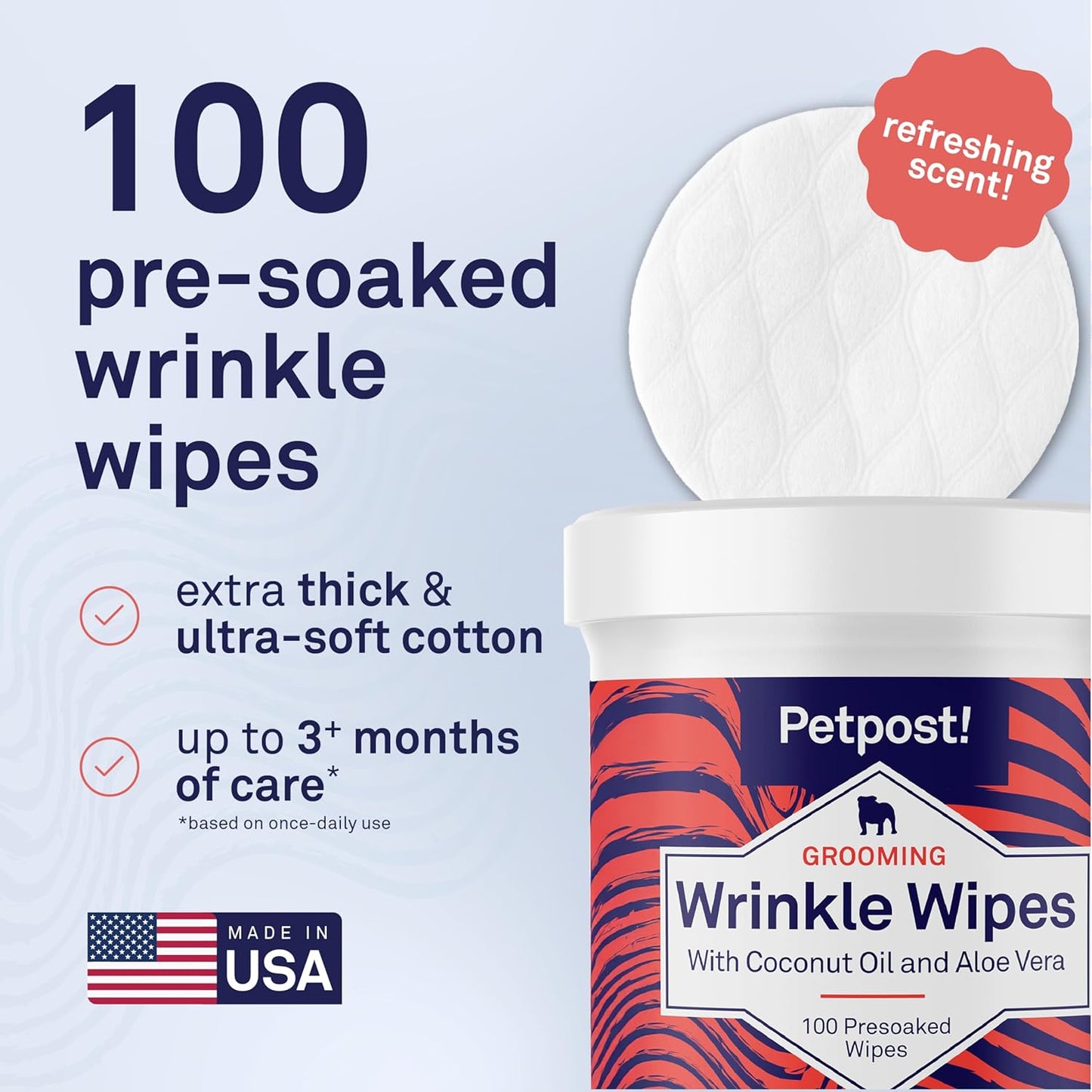 Petpost Wrinkle Wipes for Dogs | 100 Count Dog Face & Wrinkle Cleaner | Gentle Pet Wipes with Coconut Oil for Bulldogs, Pugs & Wrinkly Breeds | Dog Cleaning & Deodorizing Wipes