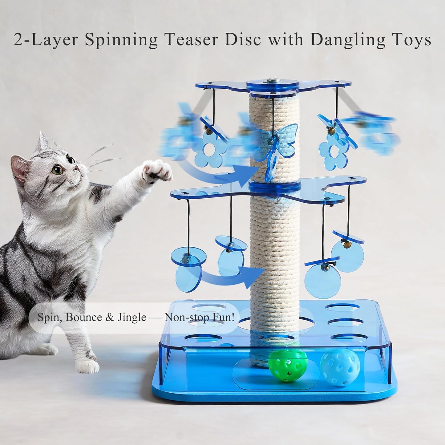 Modern 3-in-1 Interactive Cat Toy with Scratching Post, Cat Puzzle Toys for Indoor Cats with Colorful Jingle Balls, 2-Layer Spinning Teaser Disc with Dangling Toys, Acrylic, Blue