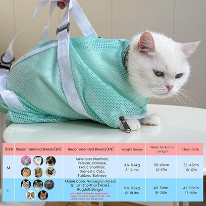 Cinf Cat Bathing Bag(Free Muzzle) Breathable Mesh Anti Scratch Adjustable Cat Grooming Bag for Nail Trimming, Bathing Soft Cat Washing Bag(Mint) L