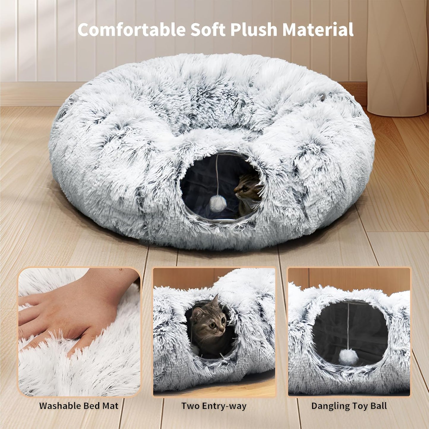 Cat Tunnel Bed for Indoor Cats with Washable Cushion Cat Cave Donut Tunnel with Fluffy Ball Big Round Tube Pet Playground Toys Soft Plush Peekaboo for Kitten, Cat, Puppy, Rabbit, Ferret