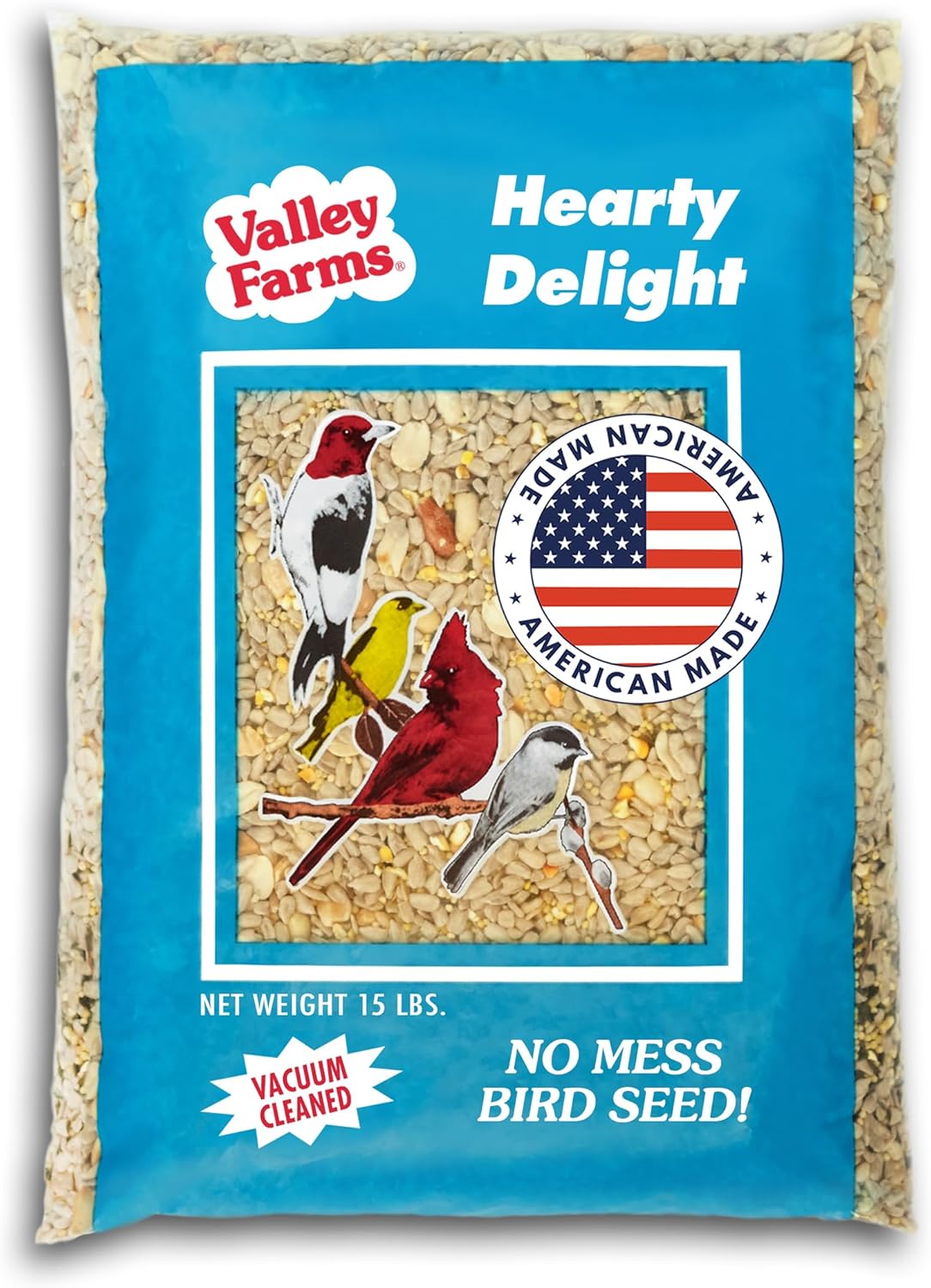 Valley Hearty Delight Wild Bird Food for Outside Feeders No-Mess Bird Seed w Sunflower Hearts & Peanuts no Filler Bird Seed Perfect for Patios 15 LBS