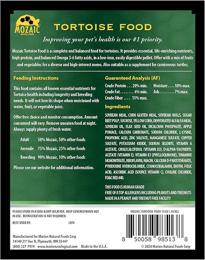 Mozaic Tortoise Food & Turtle Pellets Supplement - Complete Formulated Diet for Sulcata & Desert & Other Pet Tortoises, Essential Amino Acids & Nutrients, Economical Dry Pellet, 15 Ounce Bag