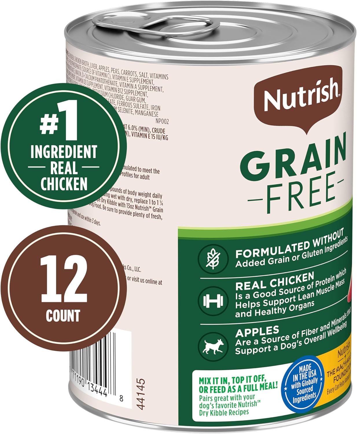 Nutrish Grain Free Real Chicken & Apple Recipe Premium Paté Wet Dog Food, 13 oz. Can, 12 Count, Packaging May Vary (Rachael Ray)
