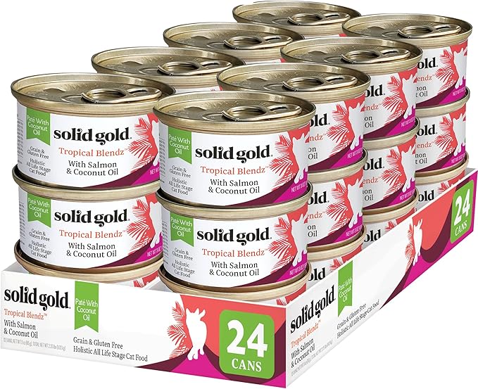 Solid Gold Wet Cat Food Pate in Coconut Oil - Healthy Canned Cat Food Pate w/Real Salmon, Omega Fatty Acids, Vitamins & Minerals - Grain Free & Gluten Free Canned Meals for Cats & Kittens - 24ct/3oz