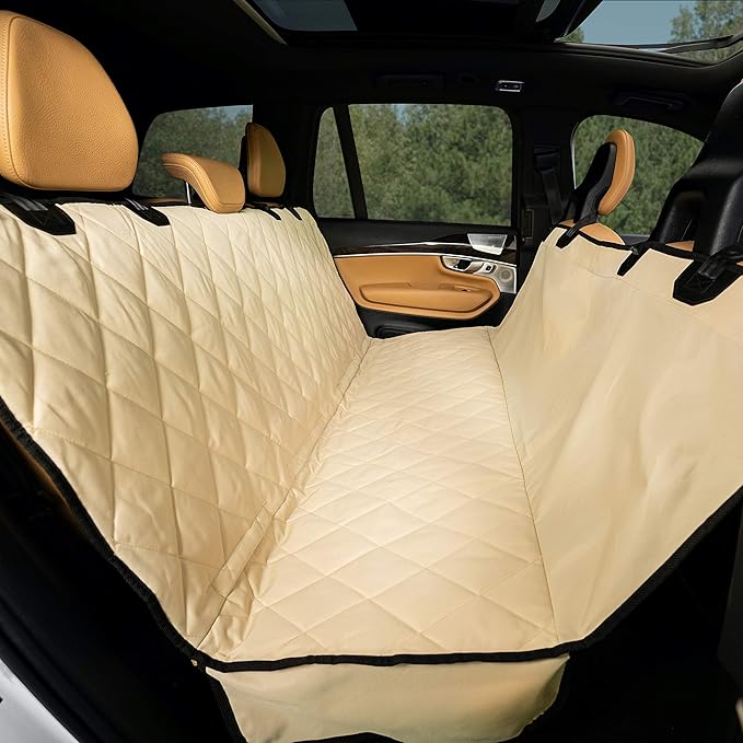 Plush Paws Products Premium Rear Car Seat Protector w/Hammock | Washable & Waterproof Back Seat Dog Cover for Car, Truck, & SUV | Nonslip, Tear Resistant Pet Seat Cover | Regular Tan