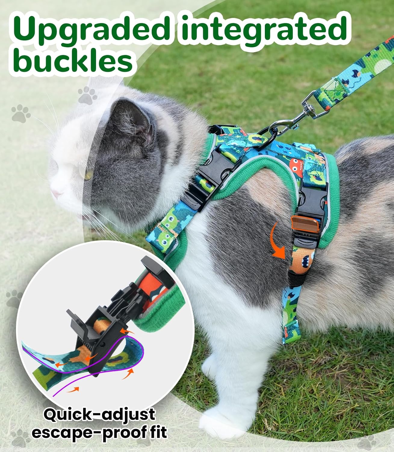 Halypet Cat Harness and Leash Set for Walking, Escape Proof Adjustable Vest Harness with 3-in-1 Integrated Buckles, Easy Control Soft Breathable Mesh with Reflective Strips for Cats, XS, Green Monster