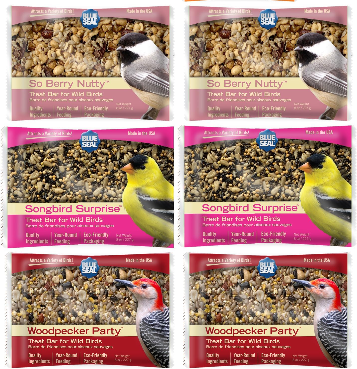 Blue Seal Suet Treat Bars for Wild Birds - No Mess Suet Feed, Food for Woodpeckers, Cardinals, Siskins, Sparrows & More - 8 oz Suet Feeder, Bird Seed Cakes (Variety Pack of 6)