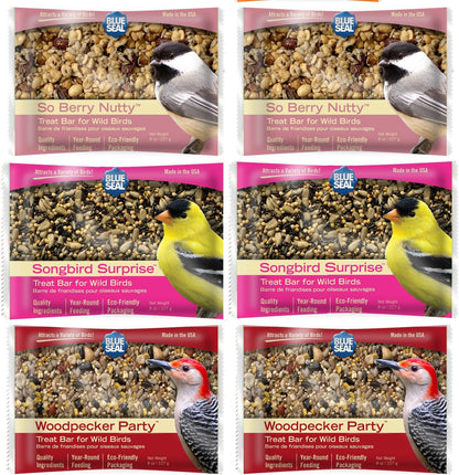 Blue Seal Suet Treat Bars for Wild Birds - No Mess Suet Feed, Food for Woodpeckers, Cardinals, Siskins, Sparrows & More - 8 oz Suet Feeder, Bird Seed Cakes (Variety Pack of 6)