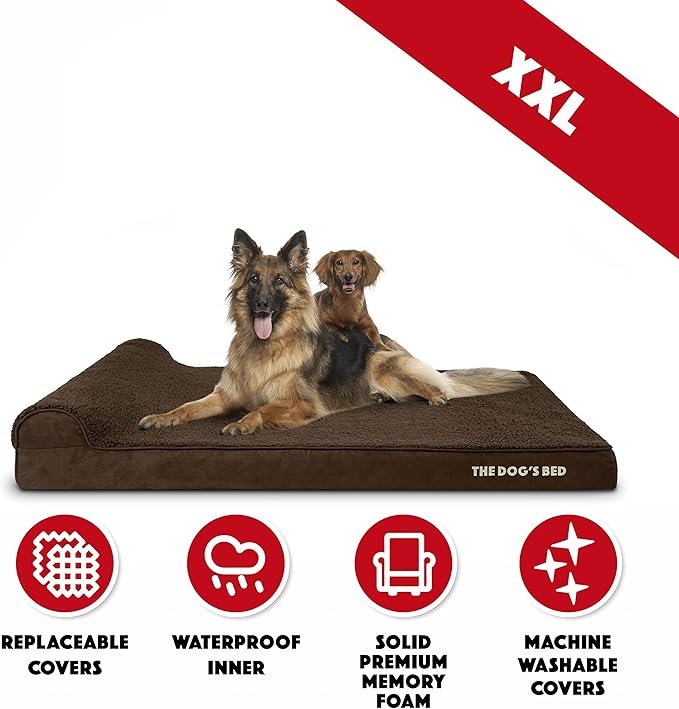 The Dog’s Bed Orthopedic Headrest Dog Bed XXL Brown Plush, Memory Foam, Pain Relief for Arthritis, Hip & Elbow Dysplasia, Post Surgery, Lameness, Waterproof Washable Cover