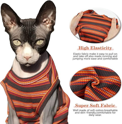 BRKURLEG Sphynx Hairless Cats Shirt Puppy Clothes Soft Cotton T-Shirts Cute Cats Pajamas Cat Stripes Vest Pet Sweater, Round Collar Vest Kitten Shirts(Red Stripes, L)