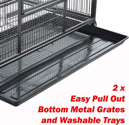 74" Large Double Separate Stackable Wrought Iron Breeding Bird Flight Parrot Cockatiel Conure Breeder Cages Side Nesting Doors Double Feeder Cups Easy Clean Grate & Tray with Detechable Rolling Stand